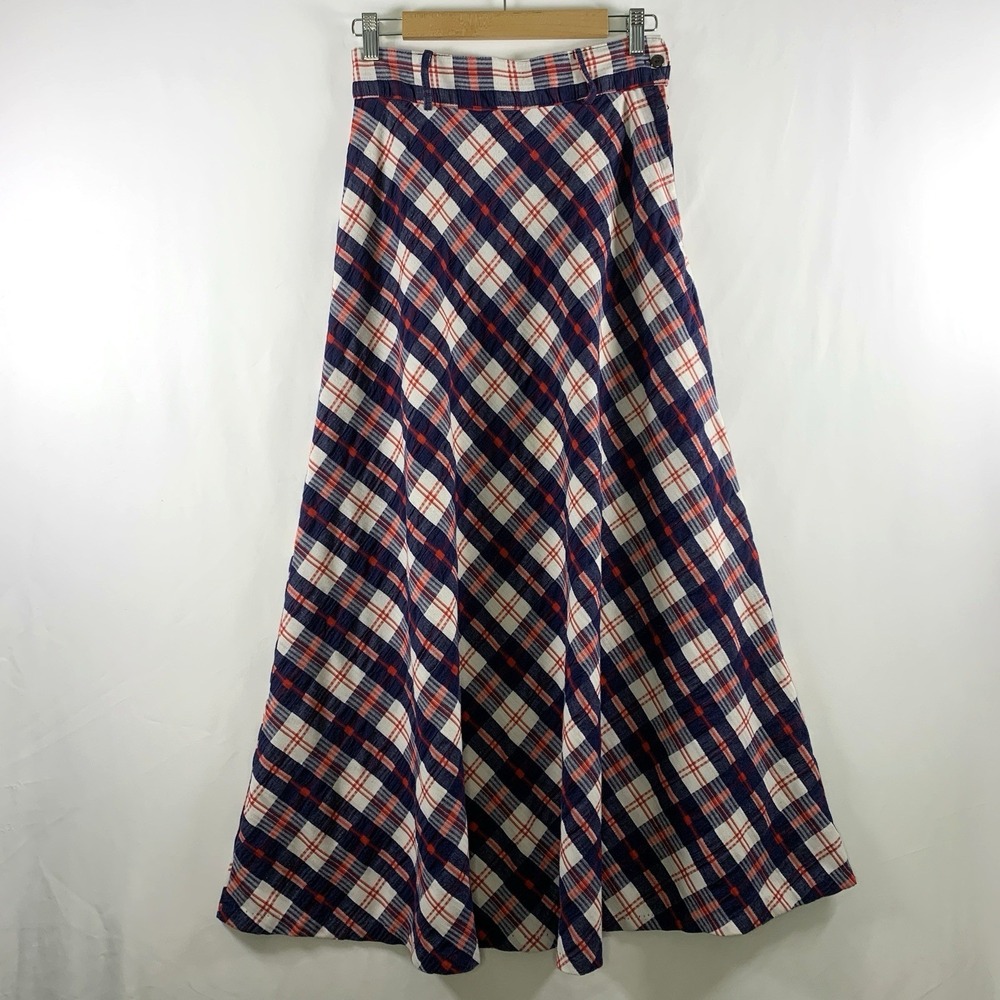 VTG 70s Handmade Academia Bias Plaid Full Maxi Skirt Size XS Retro Cottage Twee